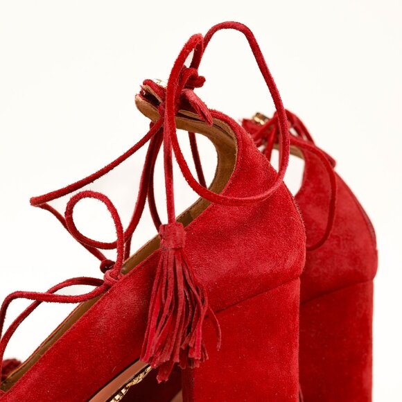 Aquazzura Wild Thing Pomegranate Fringe Lace-Up Block-Heel Pumps - Picture 9 of 11